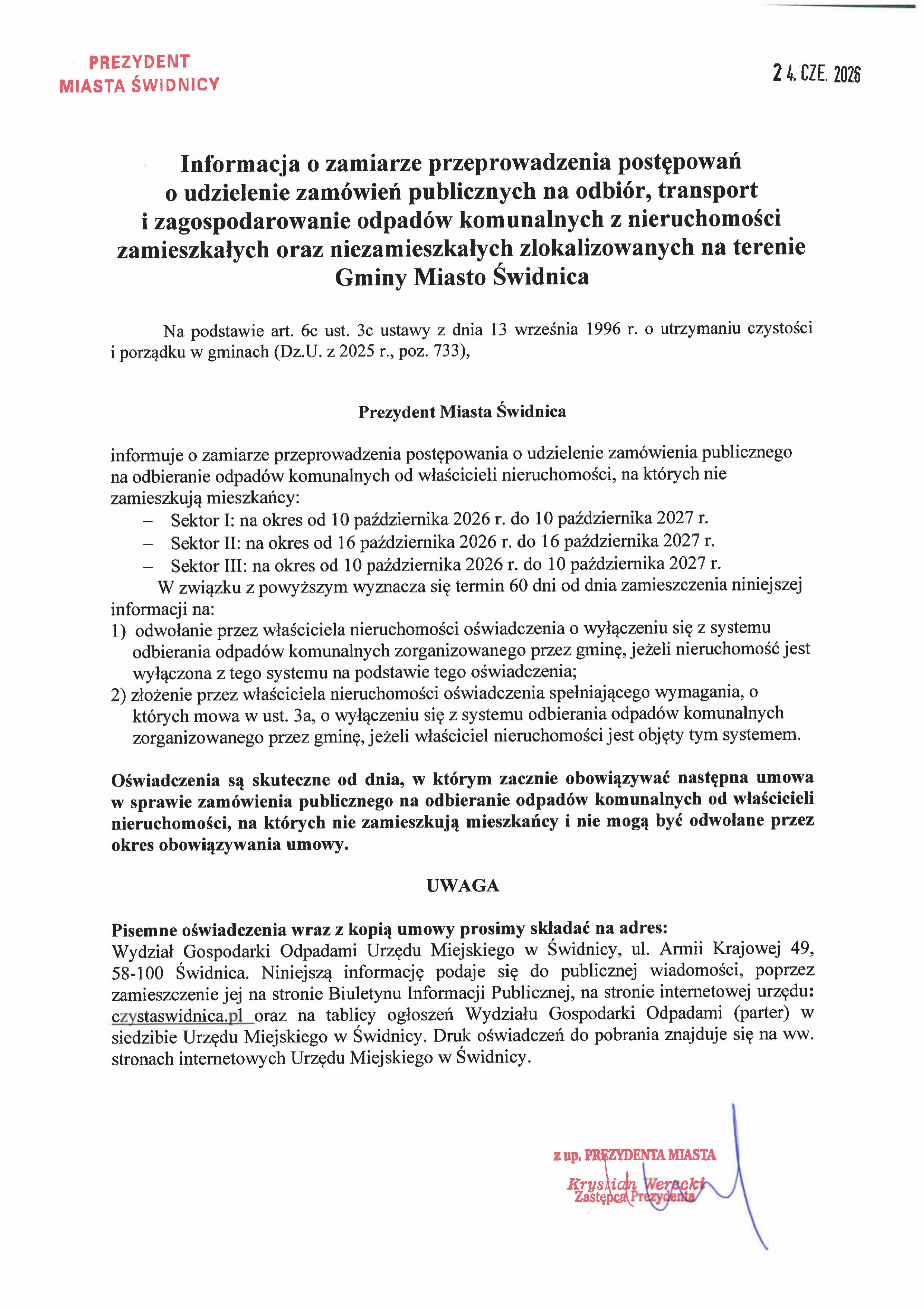 Informacja o zamiarze przeprowadzenia postępowania o udzielenie zamówienia publicznego na odbieranie odpadów komunalnych